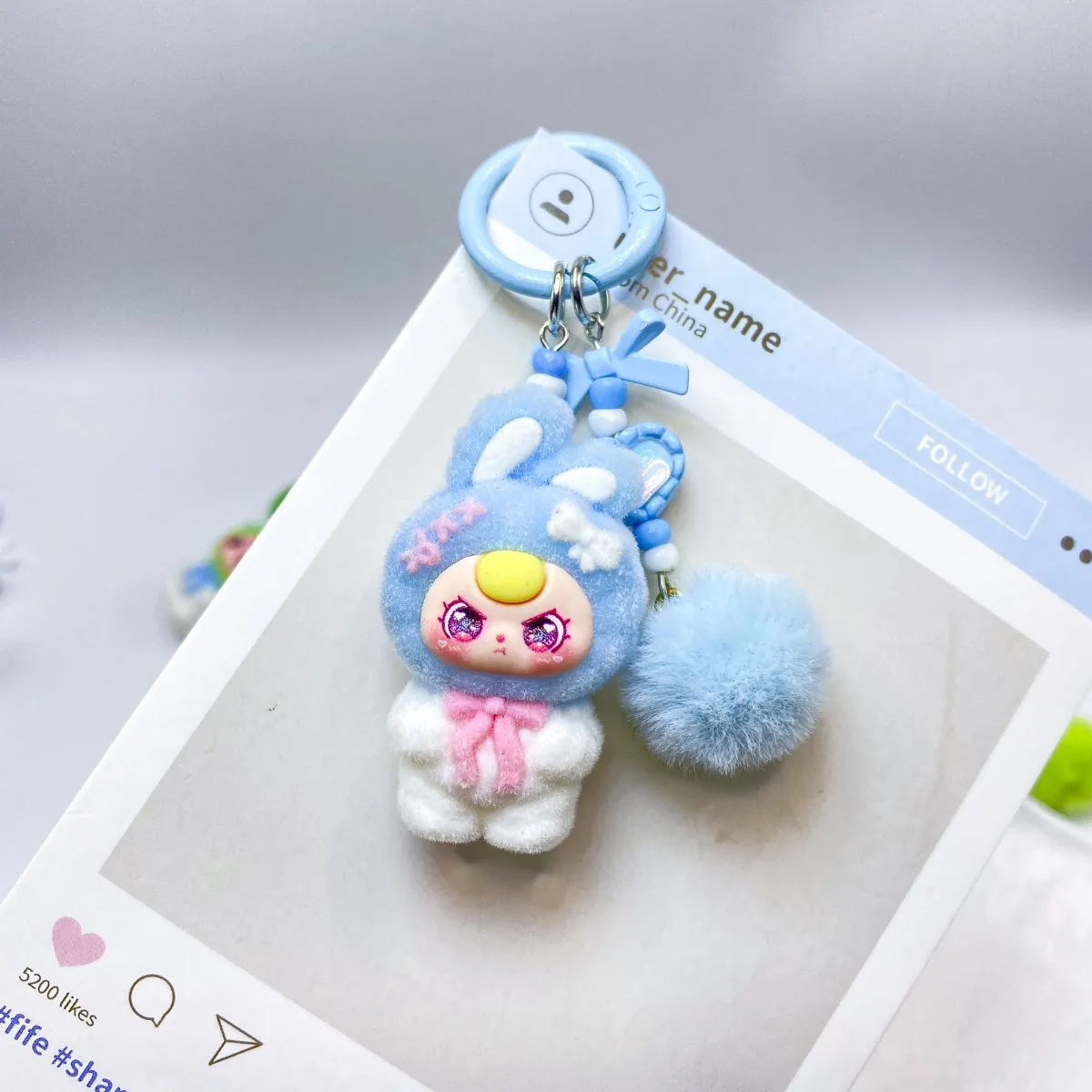 Hand-Painted M Beads Crooked-Ear Doll Keychain – DIY Plush Figure Pendant, Cute 3-Year-Old Style Bag Charm, Small Gift Accessory for Bags & Keys
